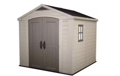 Keter Factor 8 ft. W x 8 ft. D Large Outdoor Durable Resin Plastic Storage Shed with Double Doors