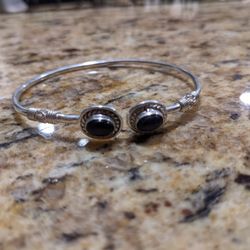 Adjustable Silver Tone Bangle Bracelet With Onyx 
