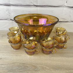 Orange Carnival Glass Punch Bowl & Cups