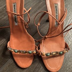 Manolo Blahnik Coral Tie Up Heels W/ Turquoise & Crystal Details 