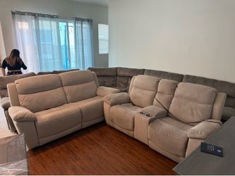 Beige Reclining Sofa Set – 2 Sofas, Faux Leather & Fabric