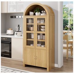 New, 71" Tall Arched Kitchen Pantry, Modern Farmhouse Wood Kitchens Storage Cabinets with Glass Door,adjustable Shelf