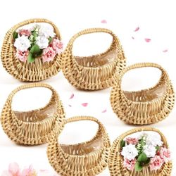 Taiyin Set of 6 Half-Moon Wicker and Straw Baskets with Handle, Ideal for Weddings, Flower Girls, Picnics, Garden Storage, and Home Decor (Natural)