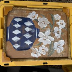 Framed Floral Wall Art – Blue Vase with White Flowers