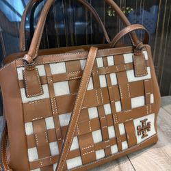 Tory Burch Woven Leather & Canvas Satchel Handbag — Brown