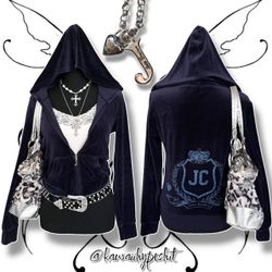 Vintage Y2K Juicy Couture Tracksuit Zip-Up Velour Jacket Hoodie (Navy Blue) 
