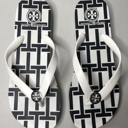 Tory Burch Thora White Black Rubber Flip Flops Silver Logo Sandals 7US/38EU/5UK