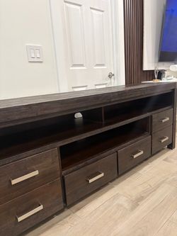 Dark Brown Wood TV Stand with Drawers