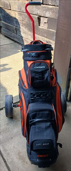 LIKE NEW OGIO ORANGE & BLACK GOLF CART BAG MOUNTED ON A 2-WHEEL TROLLEY *READ ALL PHOTOS*