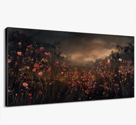 Extra Large Wall Art Fabric Print - Moody Wildflower Meadow in Dark Tones Illustrations Artwork Decor