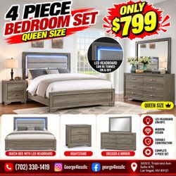 4-Piece Queen Bedroom Set with LED Headboard