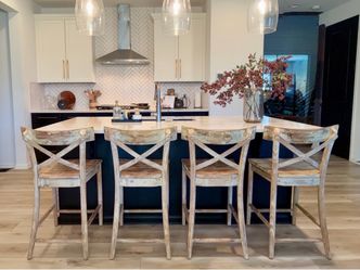 Set of 4 Solid Wood X-Back Counter Stools – Distressed Finish | $400
