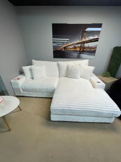 Ivory Jumbo Corduroy 2pc Reversible Sectional Sofa w/ Dual Cupholders & USB Ports