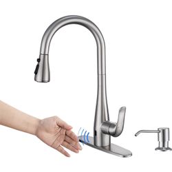 Touchless Kitchen Faucet with Soap Dispenser and Pull Down Sprayer - Single Handle Sensor Kitchen Sink Faucet, 1 or 3 Hole Design for Modern Farmhouse