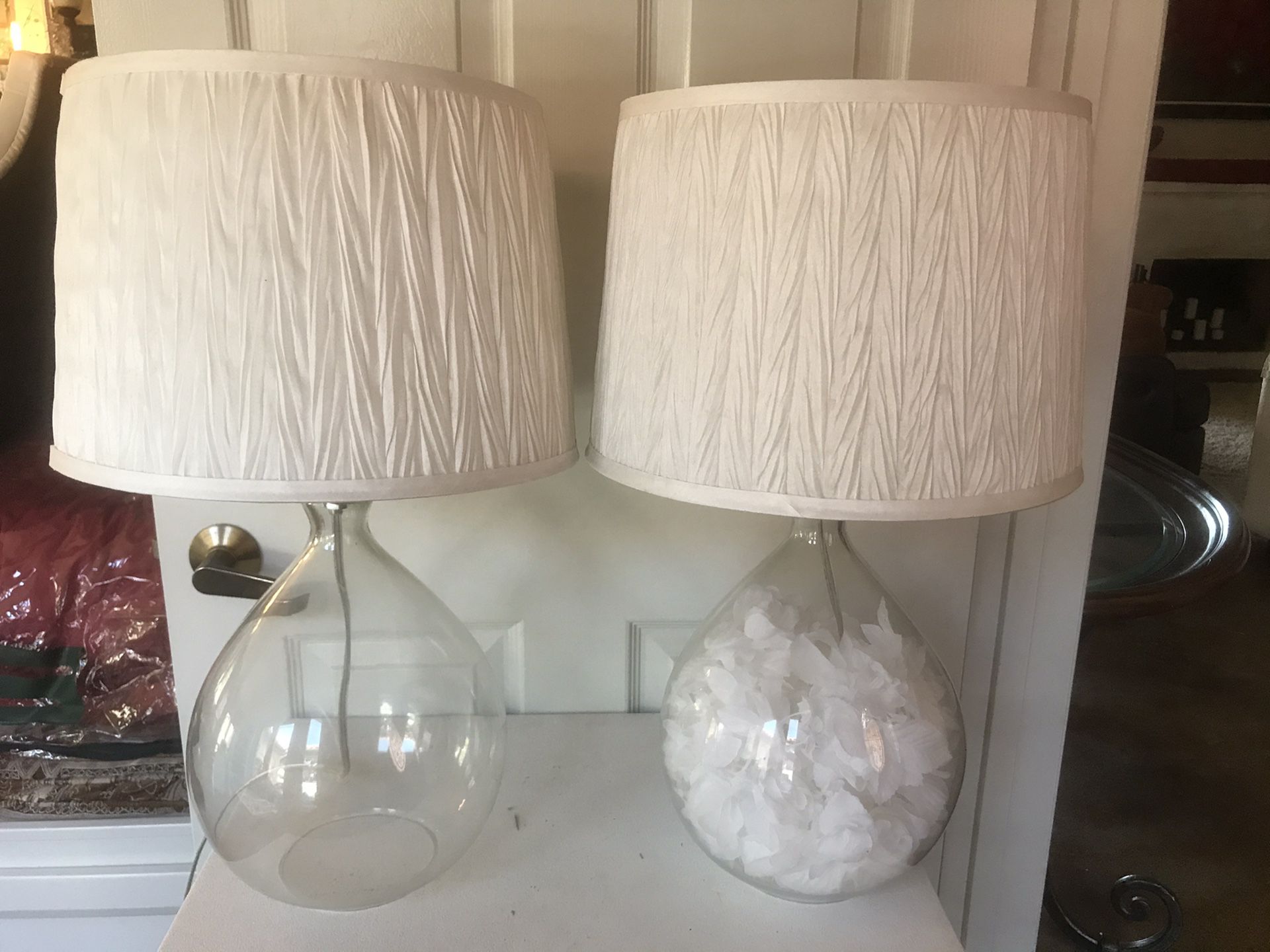 White matching lamps - fillable base 5 “ diam at surface base of glass 9”diam max width of base 11” diam of shade