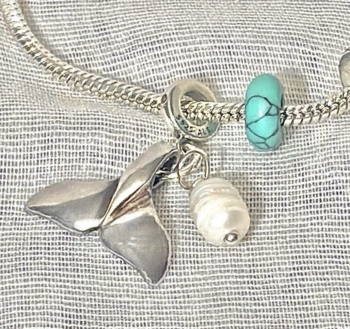 Beachy Fin & Pearl Dangle Charm For Snake Chain Bracelets, Or Wear As A Pendant