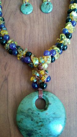 Semi precious stones Jade Amethyst Amber necklace earrings
