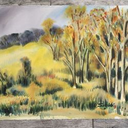 Original watercolor by famous artist Lewis Suzuki - Grassy hill with trees