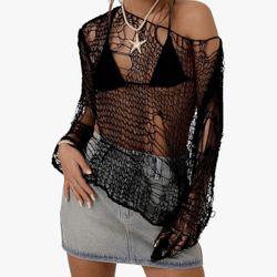 SHENHE Women's Sheer Hollow Out Off Shoulder Top Distressed Grunge Size 11