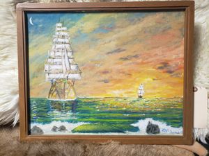 Photo Beautiful old oil painting titled Vessels of the Sea. 22 in wide and 18 in tall. $38