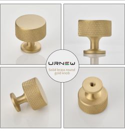 Urnew Brand 5 Pack Solid Brushed Brass 1.1" Knurled Drawer Pulls Knobs Hardware. Solid Brass Kitchen Cabinet Knobs Gold Dresser Drawer Knobs Knurled D