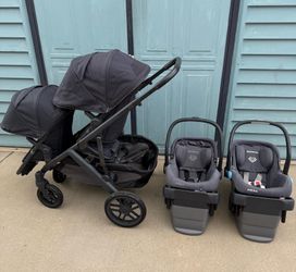 Uppababy Visa V2 double stroller + 2 Mesa car seats