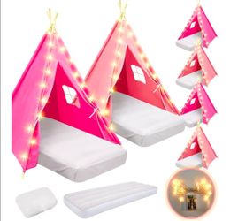NIB 6 Pack Sleepovers Teepee Tent for Kids Bulk with Mattress Sheet Light,Natural Cotton Washable Indoor Play Tent for Birthday Slumber Party Girls Bo