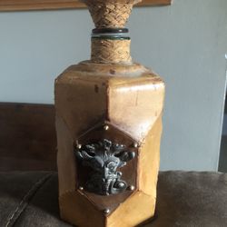 2 Vintage Glass Bottles Leather Wrapped Made In Italy