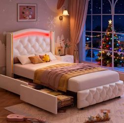 Upholstered Twin LED Bed Frame with Crystal Button-Tufted Headboard & 4 Storage Drawer, Modern PU Princess Twin Size Platform Bed Frames for Kids/Girl