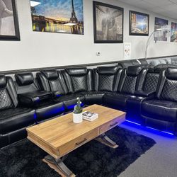 Black Leather Sofa Sectional w/ LED Lights 