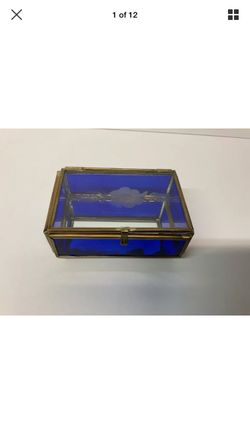 Vintage blue glass trinket box mirrored 4”