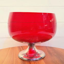 Vintage Gorham ruby red glass compote bowl with a weighted sterling silver base
