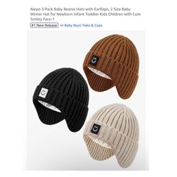 Brand new 3 Pack 6-24 months Baby Beanie Hats with Earflaps, 2Baby Winter Hat for Newborn Infant Toddler Kids Children with Cute Smiley Face  Whitesto