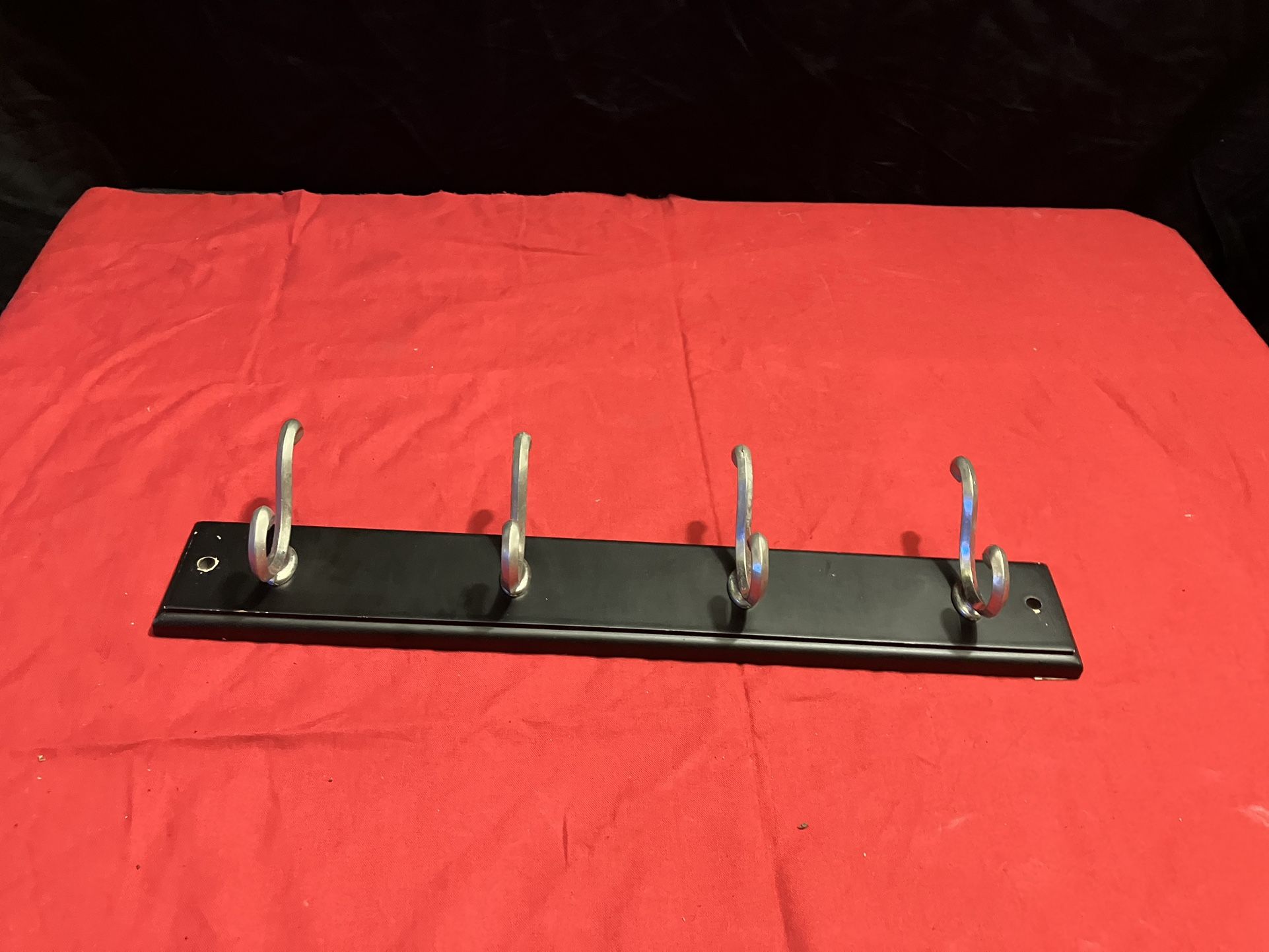 4 Double Metal Hooks On Wooden Base Hang Coats Towels Wall Rack Storage Decor