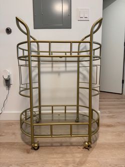 Gold Metal Bar Cart with Glass Shelves