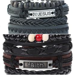 2 x Set Adjust. Size up to 9.5inc Leather Bracelet, (I__Jesus-Faith)