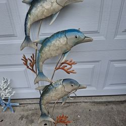 Large Colorful Metal Triple Dolphin Wall Decor 