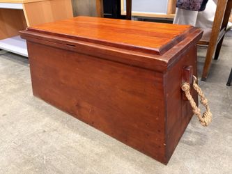 Vintage 1975 Cherry Finished Nautical Storage Chest with Handpainted Ship Interior and Rope Handles