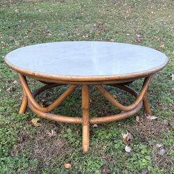 Vintage Antique BoHo Bamboo Rattan Round Coffee Table