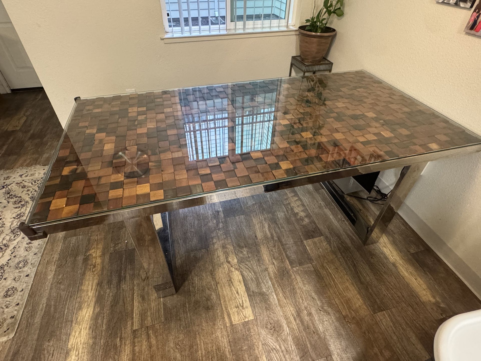 Dining Table/ Stainless steel, Wood, Glass