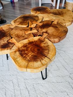 Rustic Solid Wood Live Edge Coffee Table (6-Trunk Slice w/ Hairpin Legs)