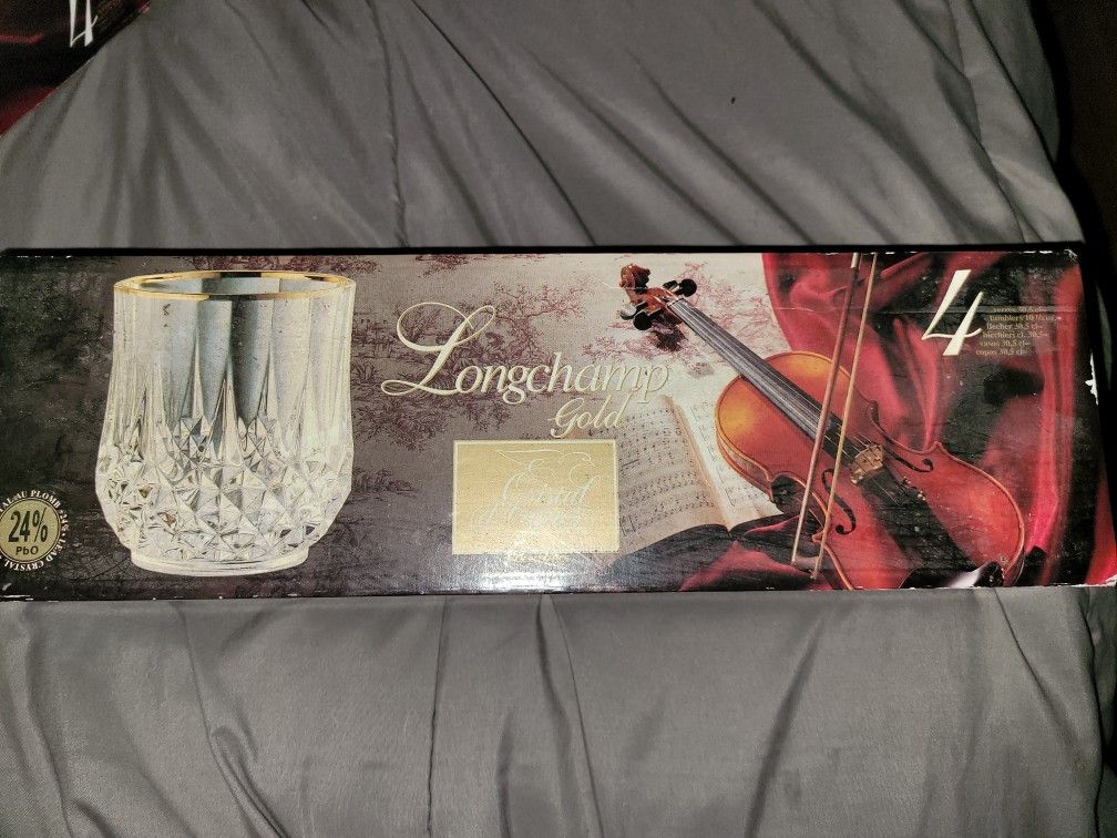 (4) Longchamp Gold 10.25 oz Gold Rim Crystal Tumblers - New In Box