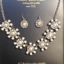 Cubic Zirconia Faux Pearl Necklace and Earrings 