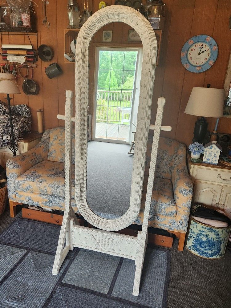 Boho Free Standing White Wicker Floor Mirror 6 ft full length tall stand up