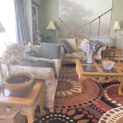 Sofa , Loveseat, 5 Pillows, 3 Tables Plus 2 Free Lamps