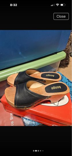 Sz 9 Vintage  Bongo Black Leather Wood Clog Sandals