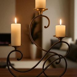 Three tier scroll bent iron/brass candle candelabra holder