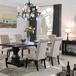 7pc Dining Set With Linen Tufted Chairs $899