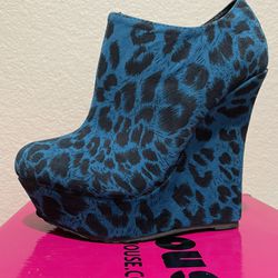 Womens Dollhouse Blue Cheetah Wedge High Heels Size 5.5, 6.5, 7, 7.5 And 9 Available 