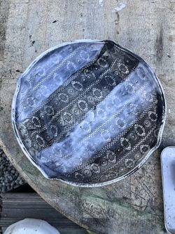 Handcrafted Folk Art Pottery Bowl – Signed ATR – Custom Roller Pattern – 12” Studio Piece  ⸻  DESCRIPTION:  Handcrafted folk-art pottery bowl, signed 